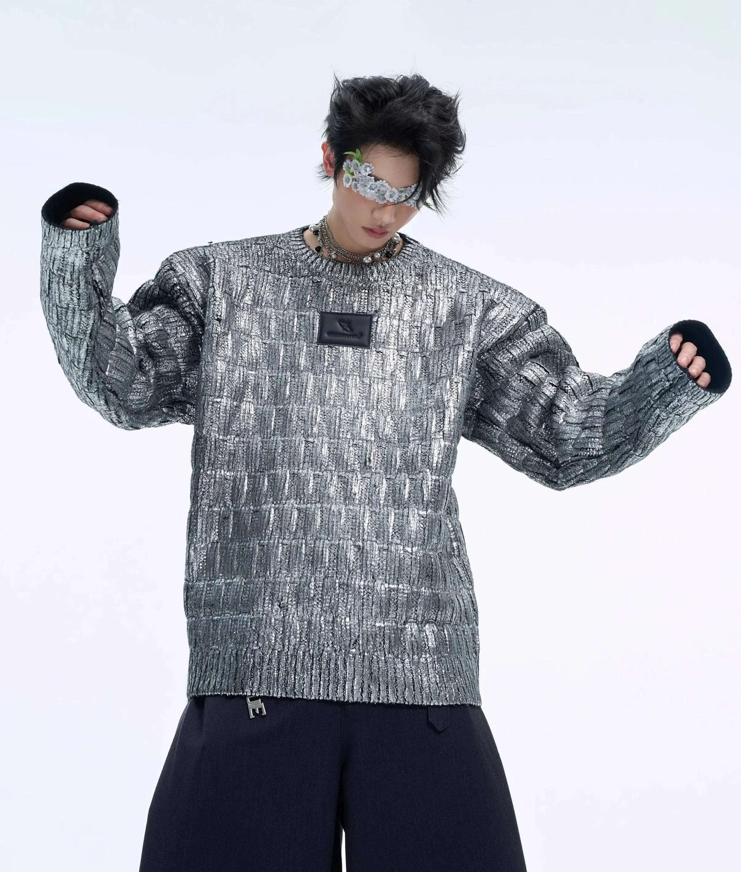 【24s Nov.】Metallic Coated Irregular Silver Texture Sweater