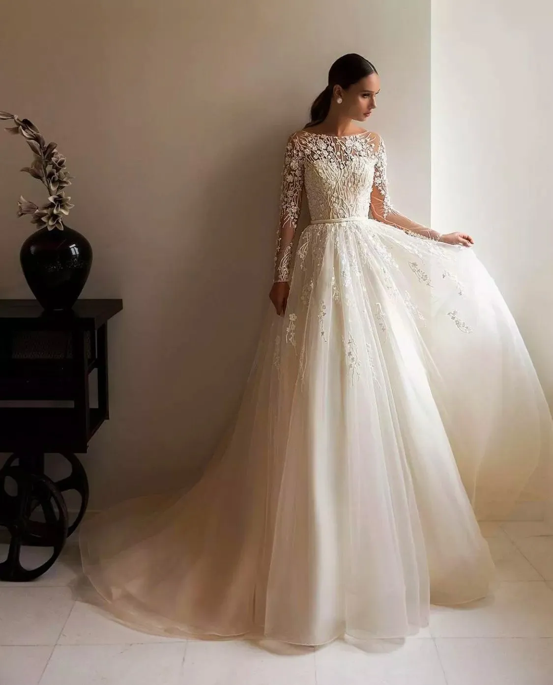 A-line Champagne Tulle Wedding Dress Long Sleeve V-neck Tulle Bridal Dress