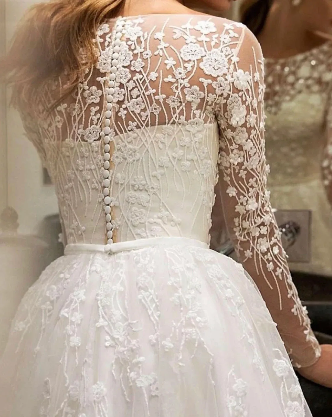 A-line Champagne Tulle Wedding Dress Long Sleeve V-neck Tulle Bridal Dress