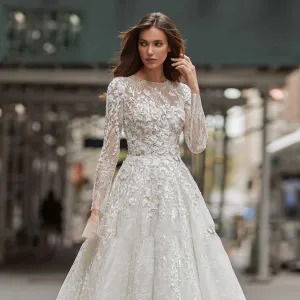 A-Line Long Sleeve Wedding Dresses Scoop Sequinned Illusion Beading Brush Train Wedding Gown