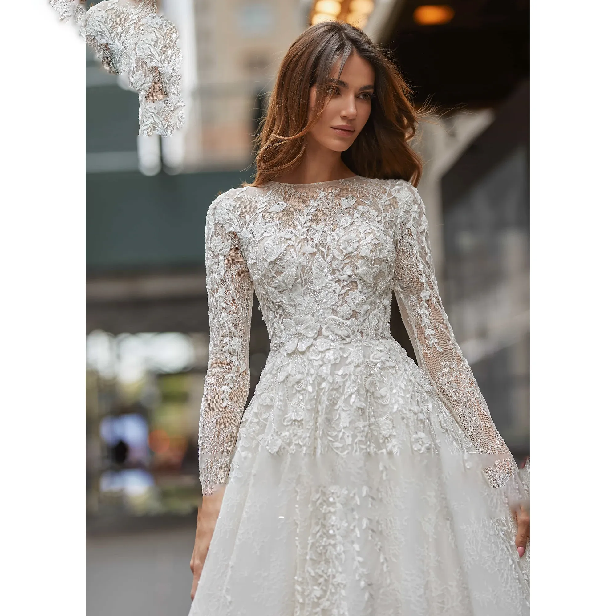 A-Line Long Sleeve Wedding Dresses Scoop Sequinned Illusion Beading Brush Train Wedding Gown