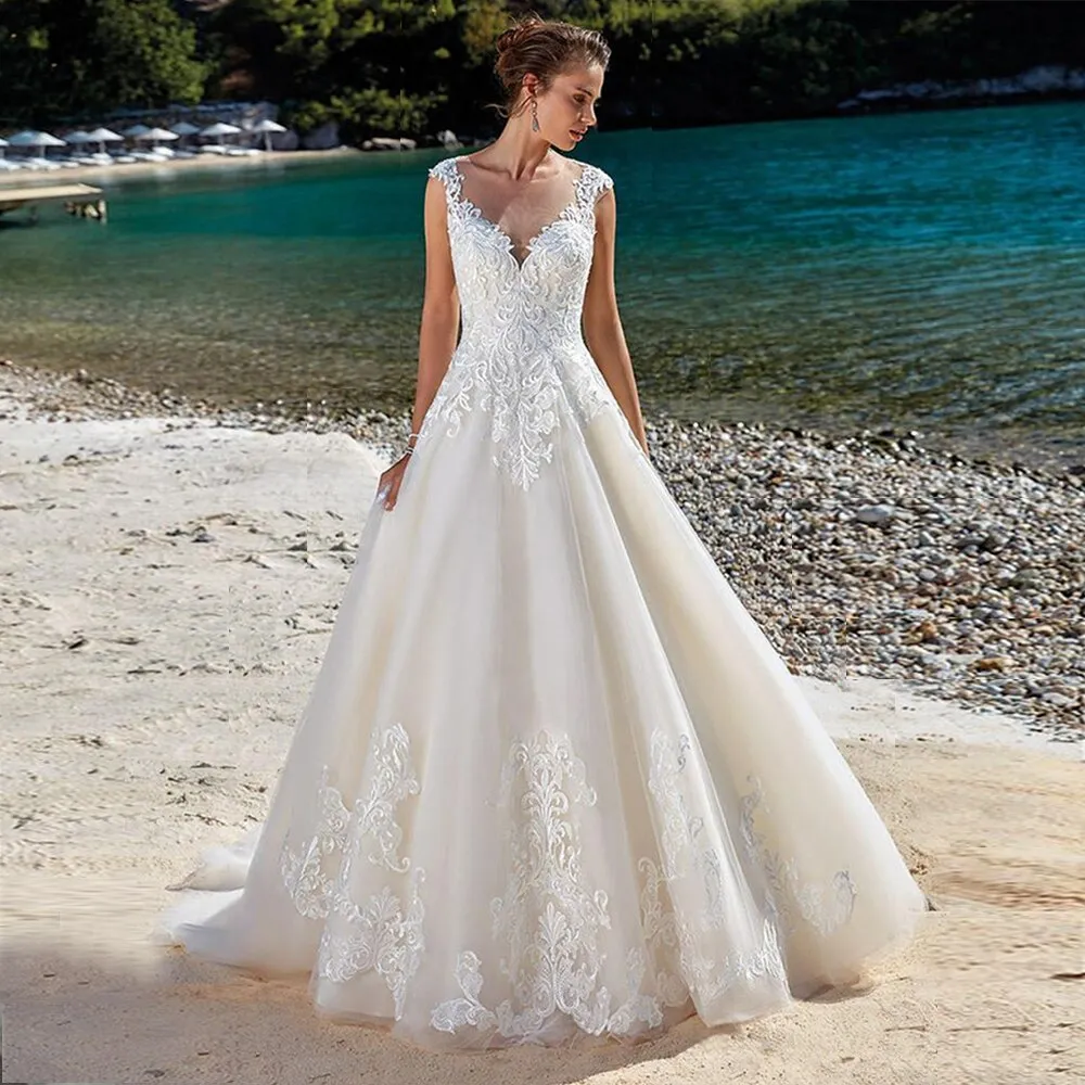 A-Line Luxury Sleeveless Wedding Dresses Floor Length Wedding Dress