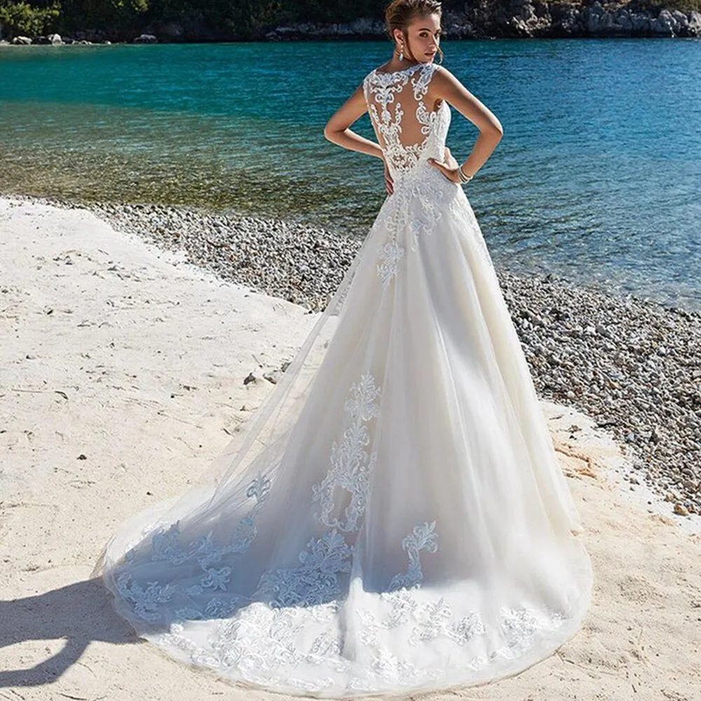 A-Line Luxury Sleeveless Wedding Dresses Floor Length Wedding Dress