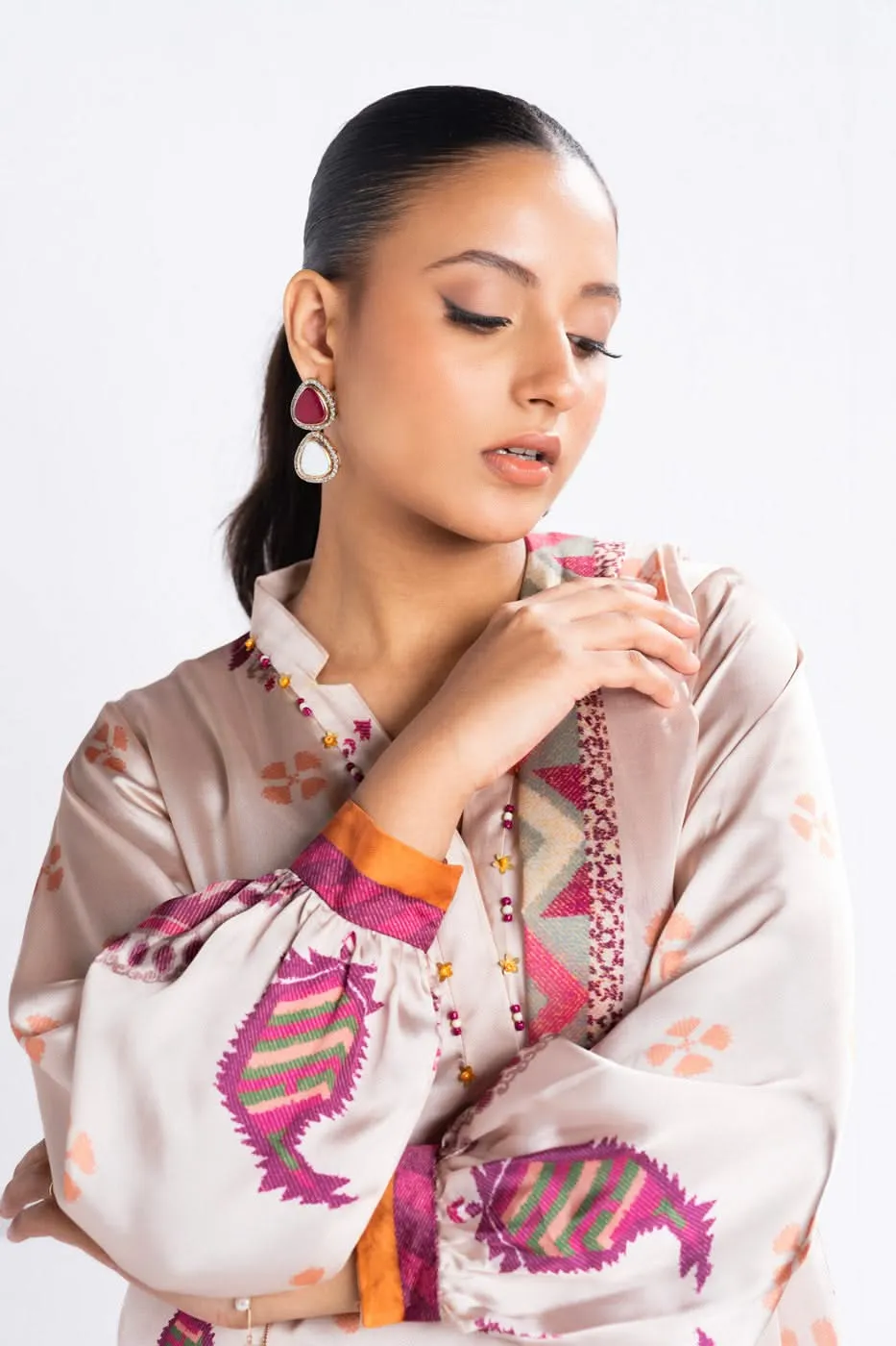 Alkaram Chamois Silk Suit With Printed Tissue Silk Dupatta – SK-11-24-Beige