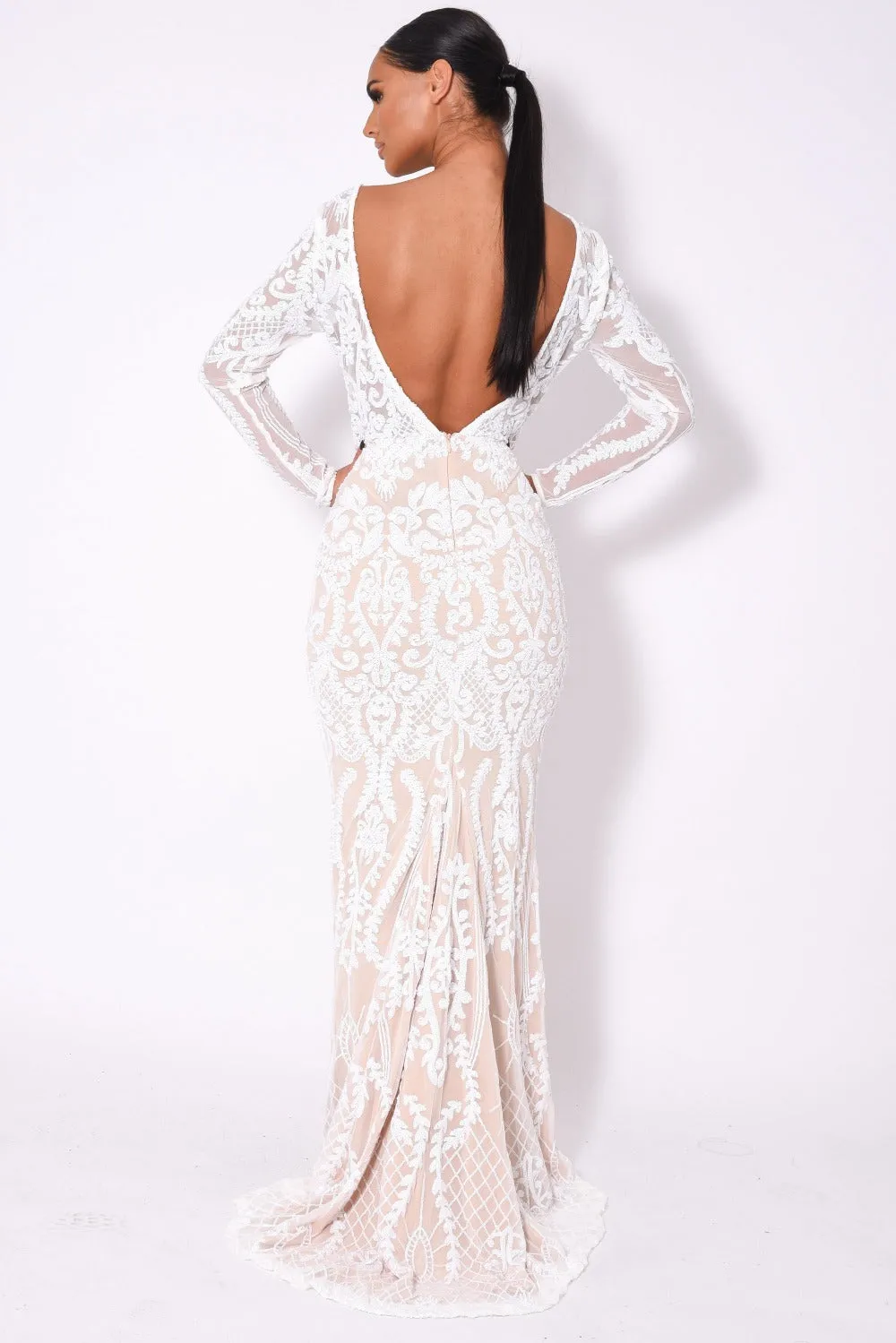 Annabella White Nude V Back Floral Plunge Sequin Fishtail Dress