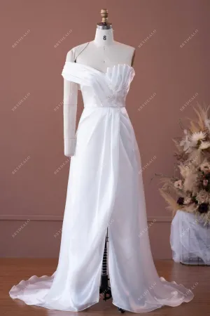 Asymmetrical Ruffled Neck One Sleeve Slit Organza Wedding Dress