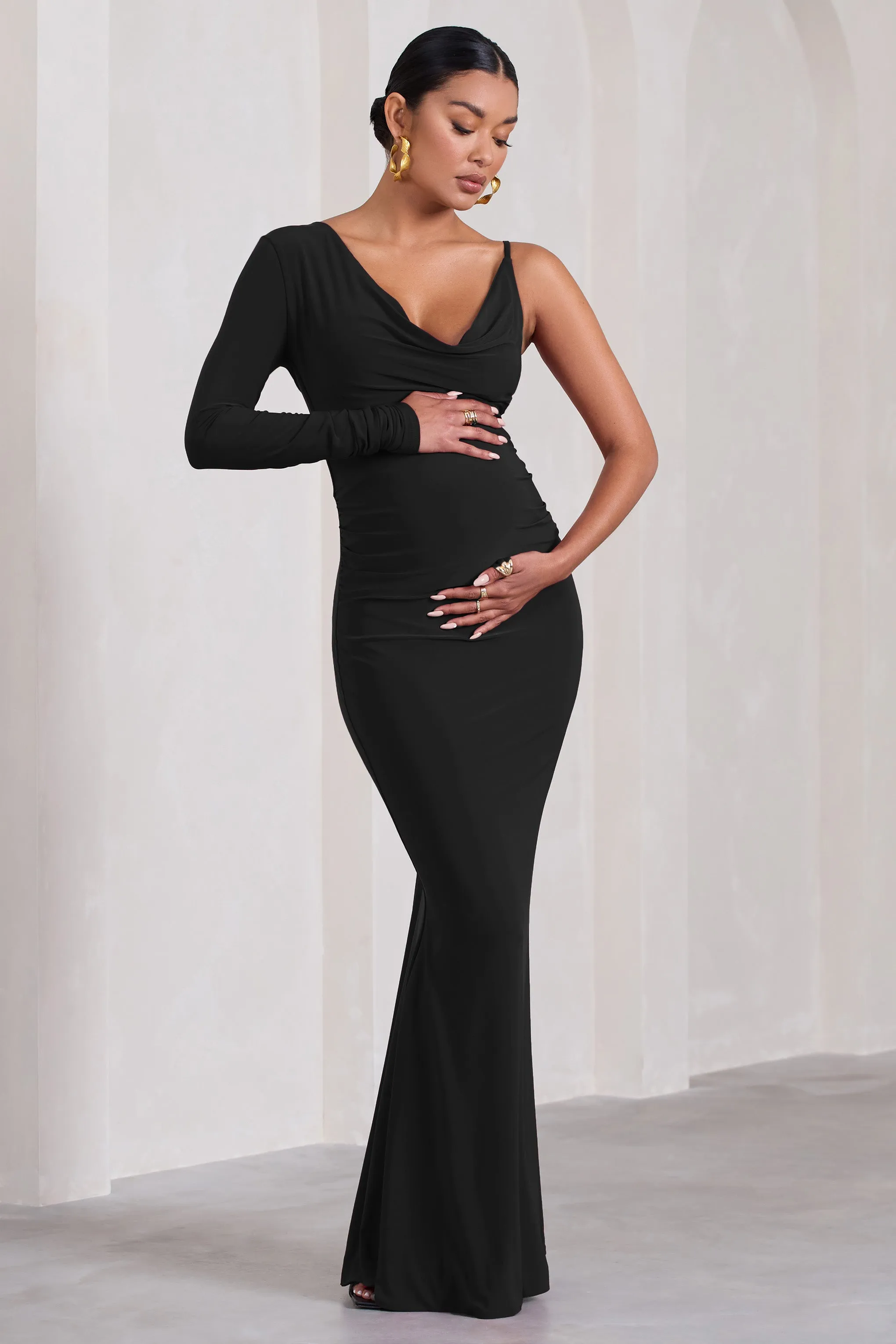 At Dusk | Black Maternity One-Sleeved Cowl-Neck Fishtail Maxi Dress