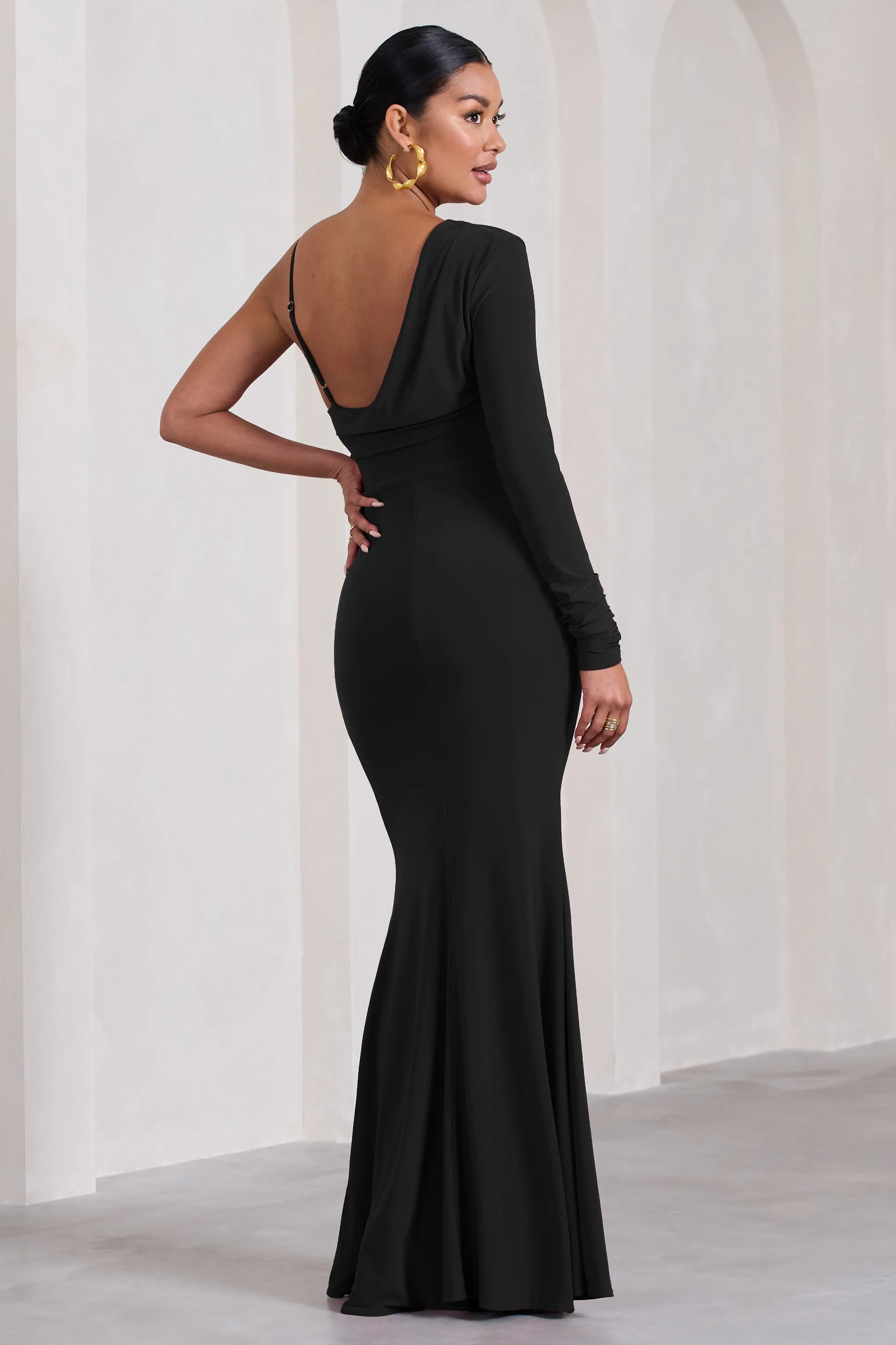 At Dusk | Black Maternity One-Sleeved Cowl-Neck Fishtail Maxi Dress