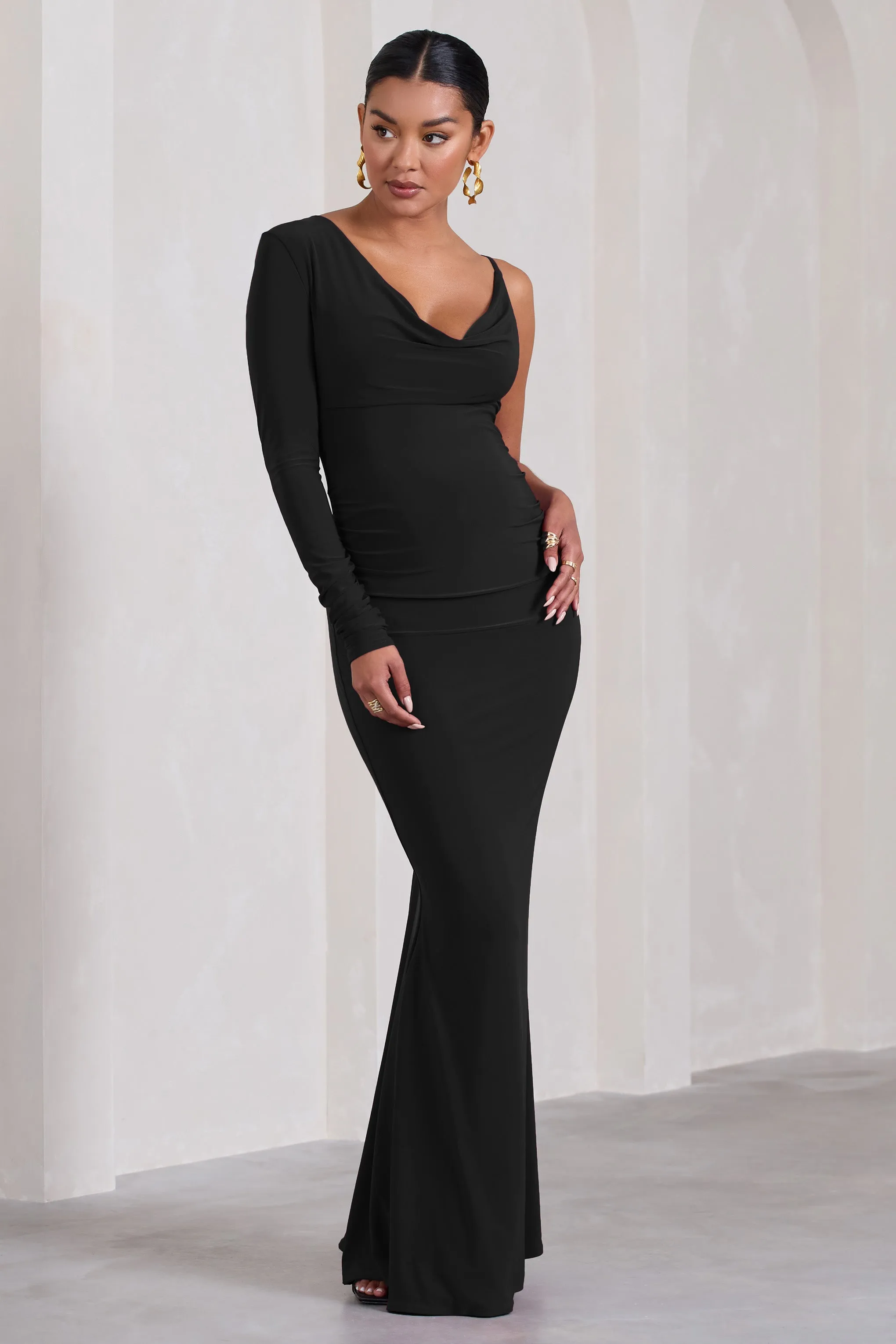 At Dusk | Black Maternity One-Sleeved Cowl-Neck Fishtail Maxi Dress