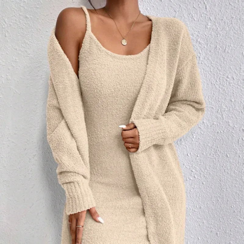 Autumn Winter New Trendy Casual Fluffy Cardigan Camisole Dress Homewear Two-Piece Set Women Suit