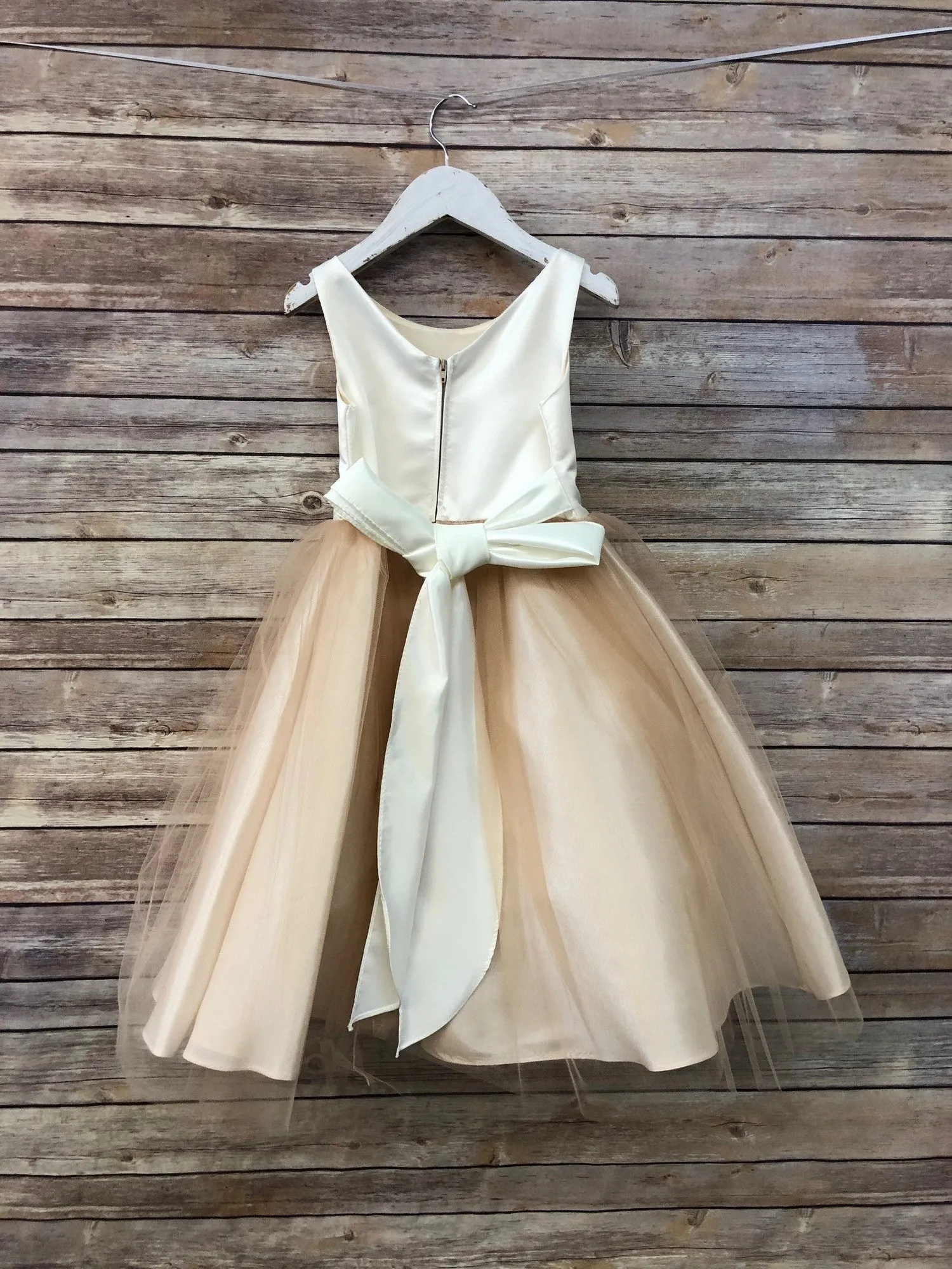 Baby Girls Champagne Silk Satin Tulle Flower Girl Dress 6-24M