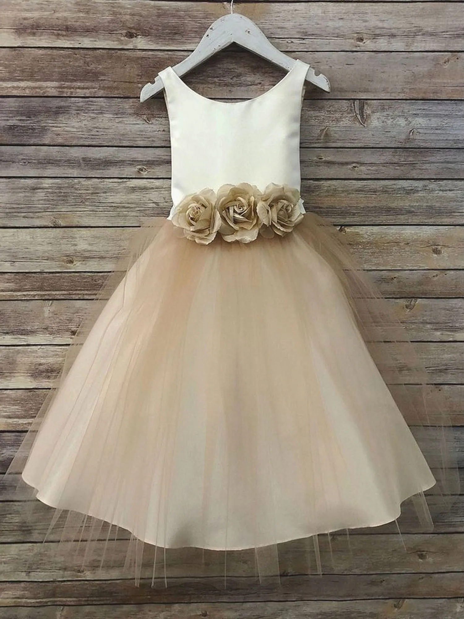 Baby Girls Champagne Silk Satin Tulle Flower Girl Dress 6-24M