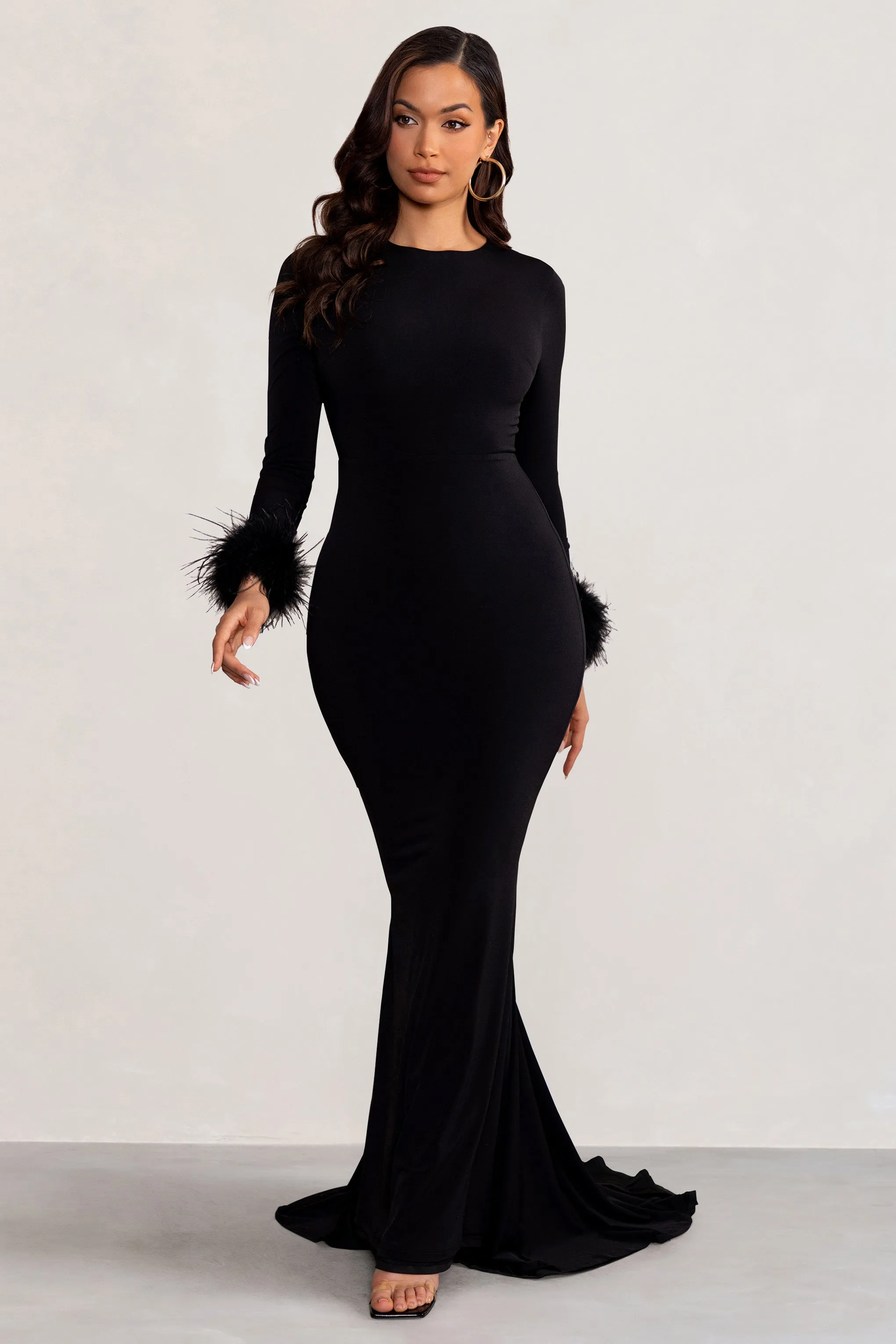 Betty | Black High Neck Long Sleeve Maxi Dress with Feather Cuffs