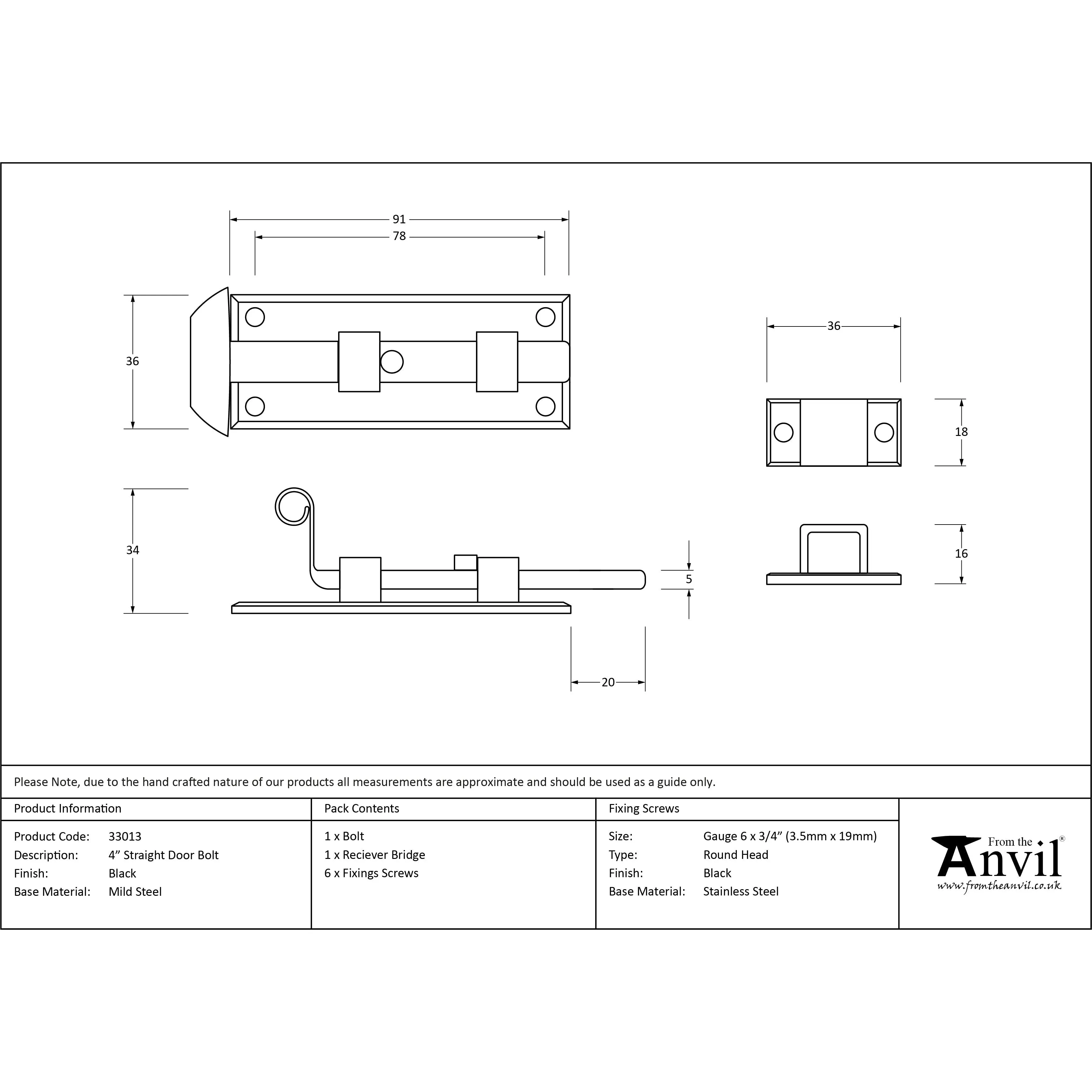 Black 4" Straight Door Bolt | From The Anvil