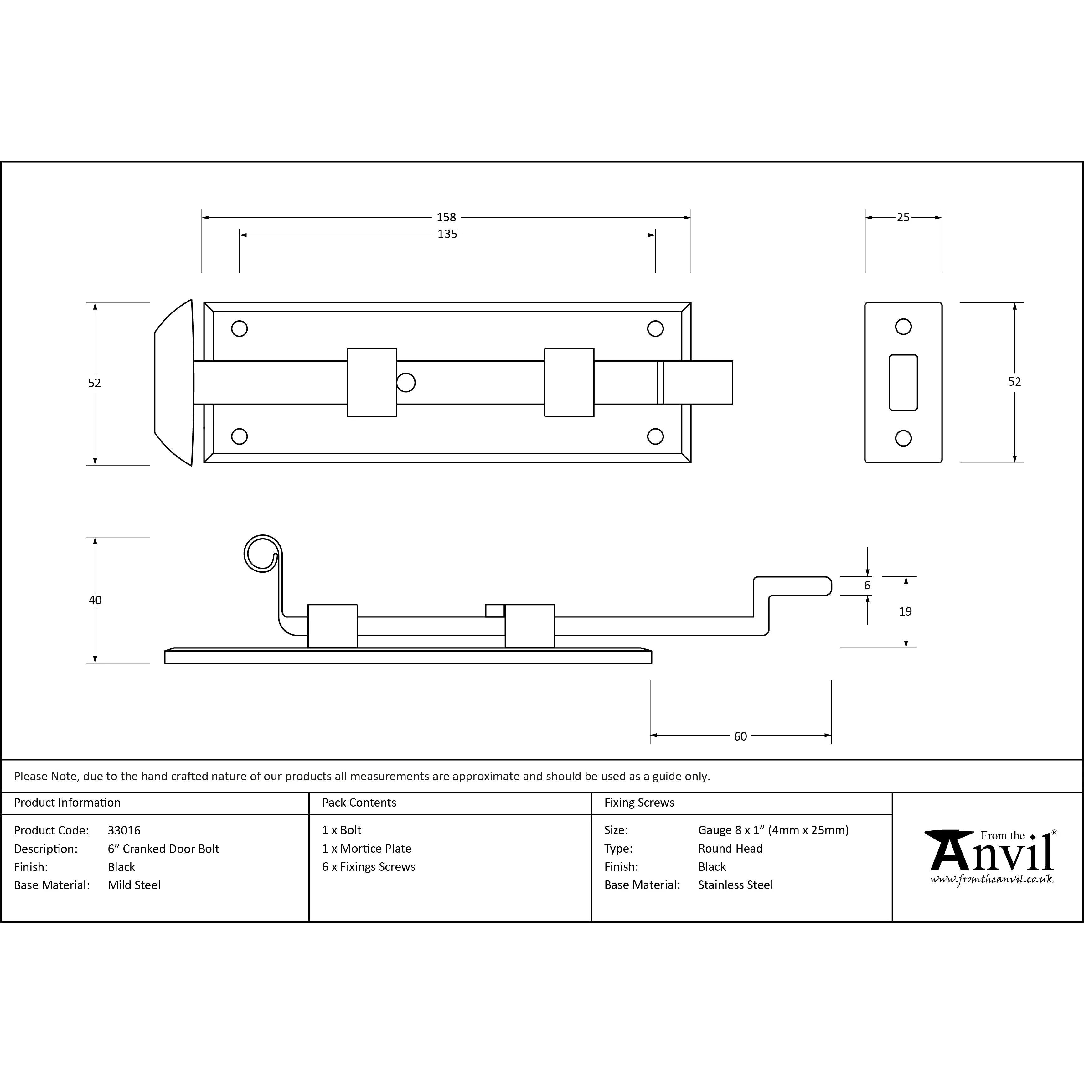 Black 6" Cranked Door Bolt | From The Anvil