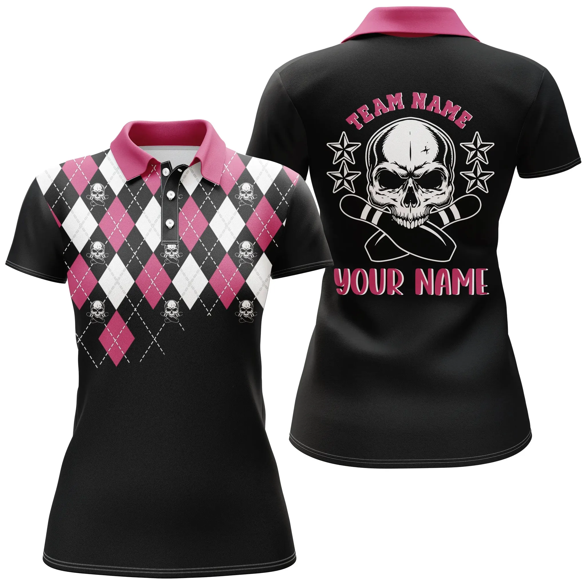 Black Pink Bowling Skull Custom Name Bowling Sleeveless Polo Shirt For Women, Bowling Team Polo Shirt