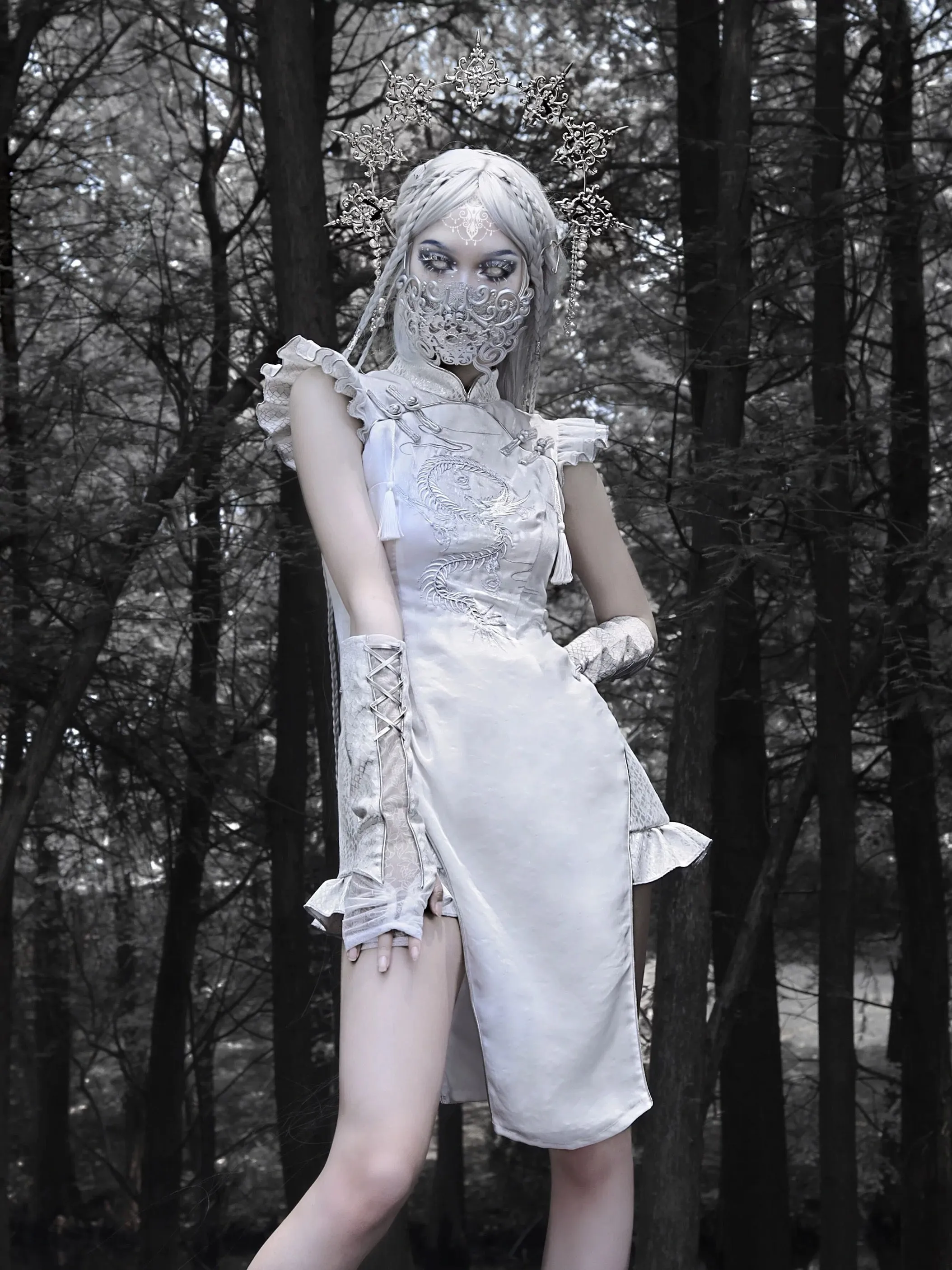 [Blood Supply] Silver Dragon With White Walker Qipao Style Mini Dress