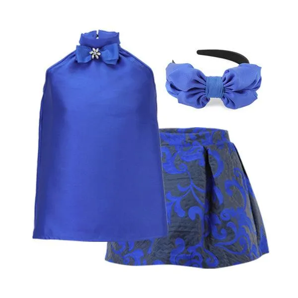 BLUE MIKADO DAMASK SKIRT SET WITH HAIRBOW