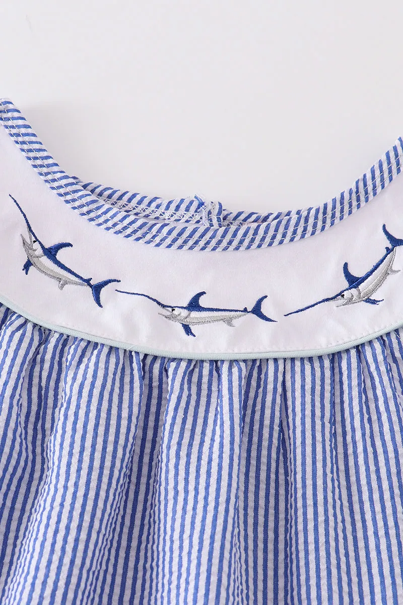 Blue seersucker swordfish embroidery dress