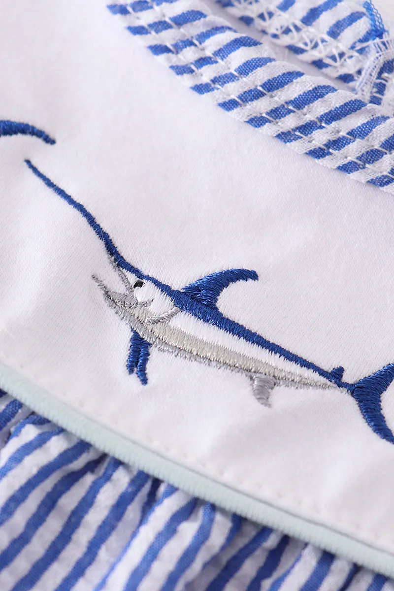 Blue seersucker swordfish embroidery dress