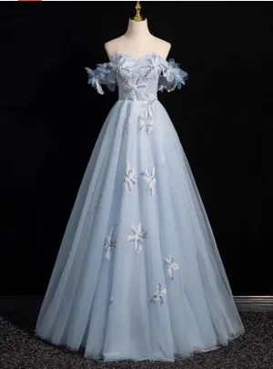 Blue Tulle Off the Shoulder Flower Pearls Prom Dress