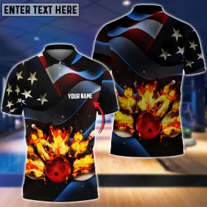 Bowling Ball And Pins Flame USA Flag Pattern Customized Name 3D Shirt For Karen Howard