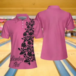 Bowling Girl Skull Short Sleeve Women Polo Shirt, Pink Skull Pattern Bowling Shirt For Bowler