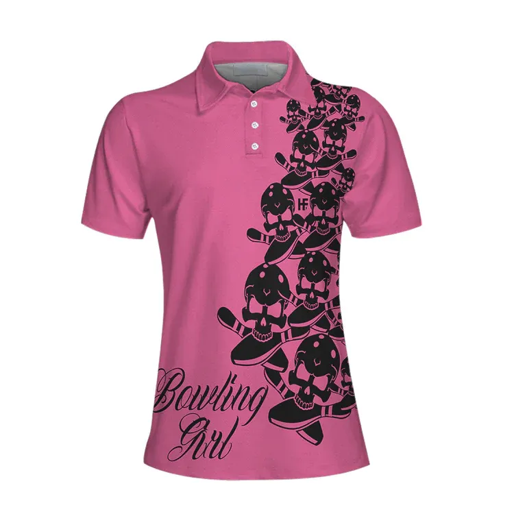 Bowling Girl Skull Short Sleeve Women Polo Shirt, Pink Skull Pattern Bowling Shirt For Bowler