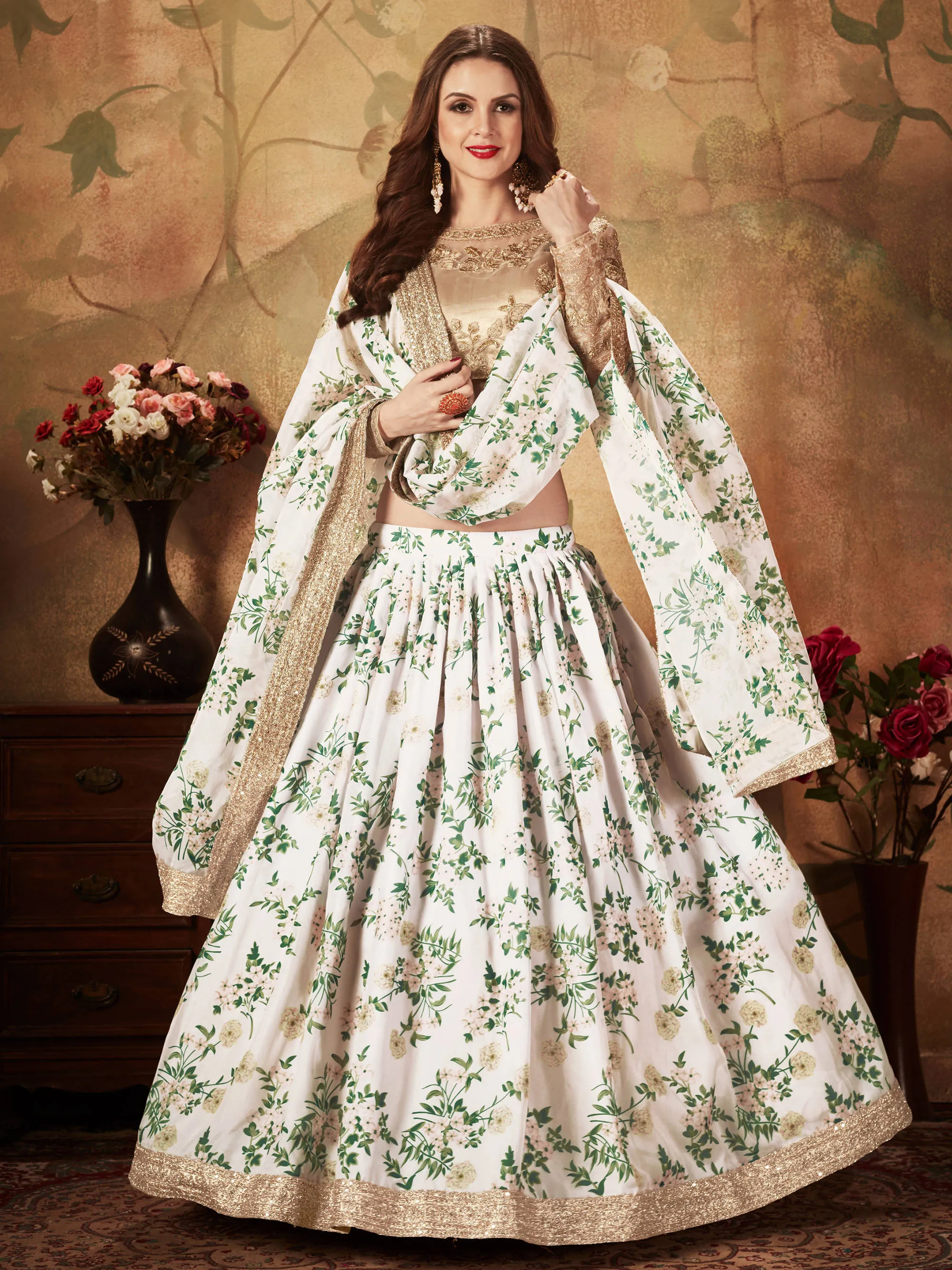 Breathtaking Off-White Sabyasachi Floral Printed Organza Silk Party Wear Lehenga Choli With Blouse