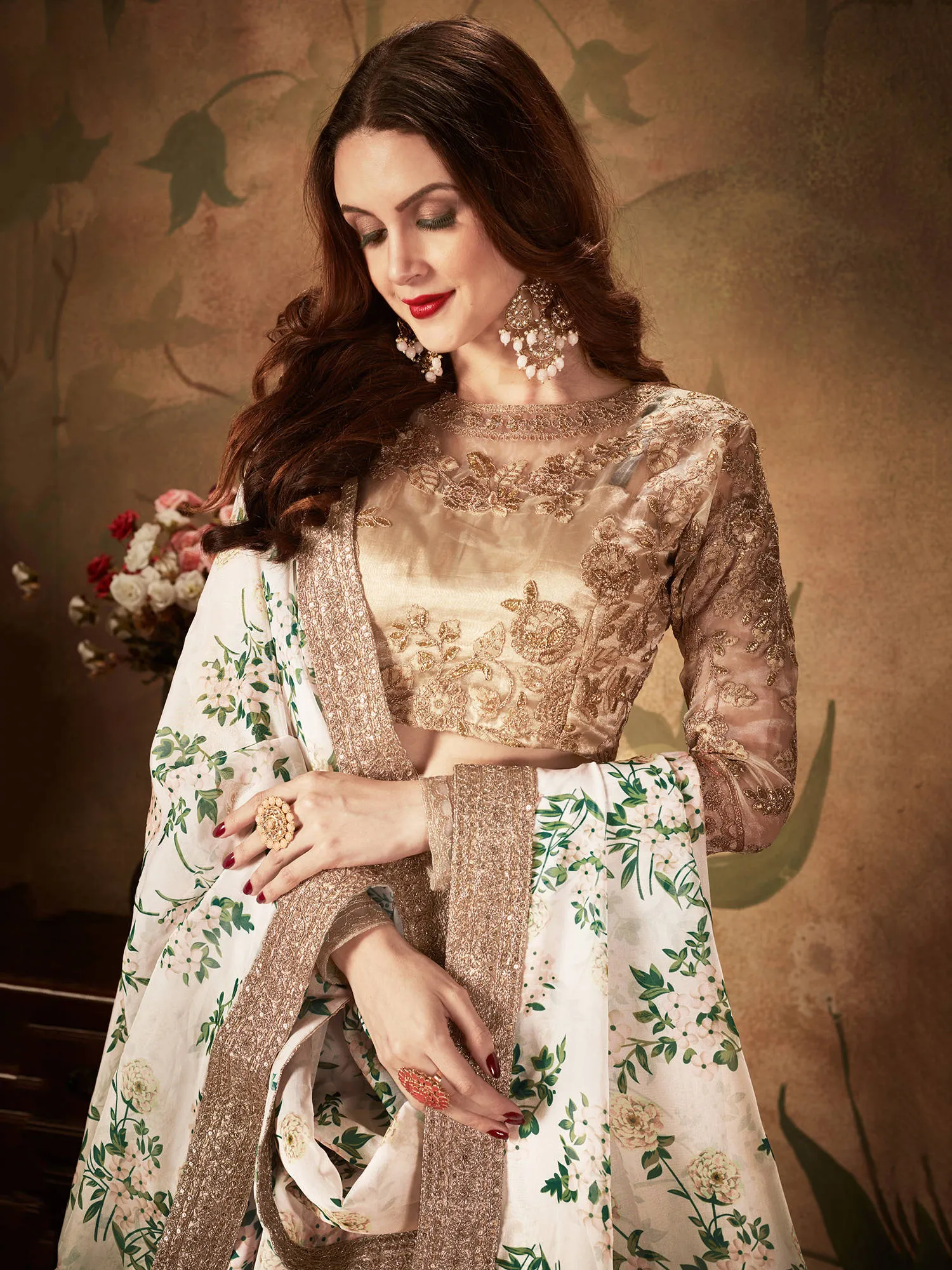 Breathtaking Off-White Sabyasachi Floral Printed Organza Silk Party Wear Lehenga Choli With Blouse