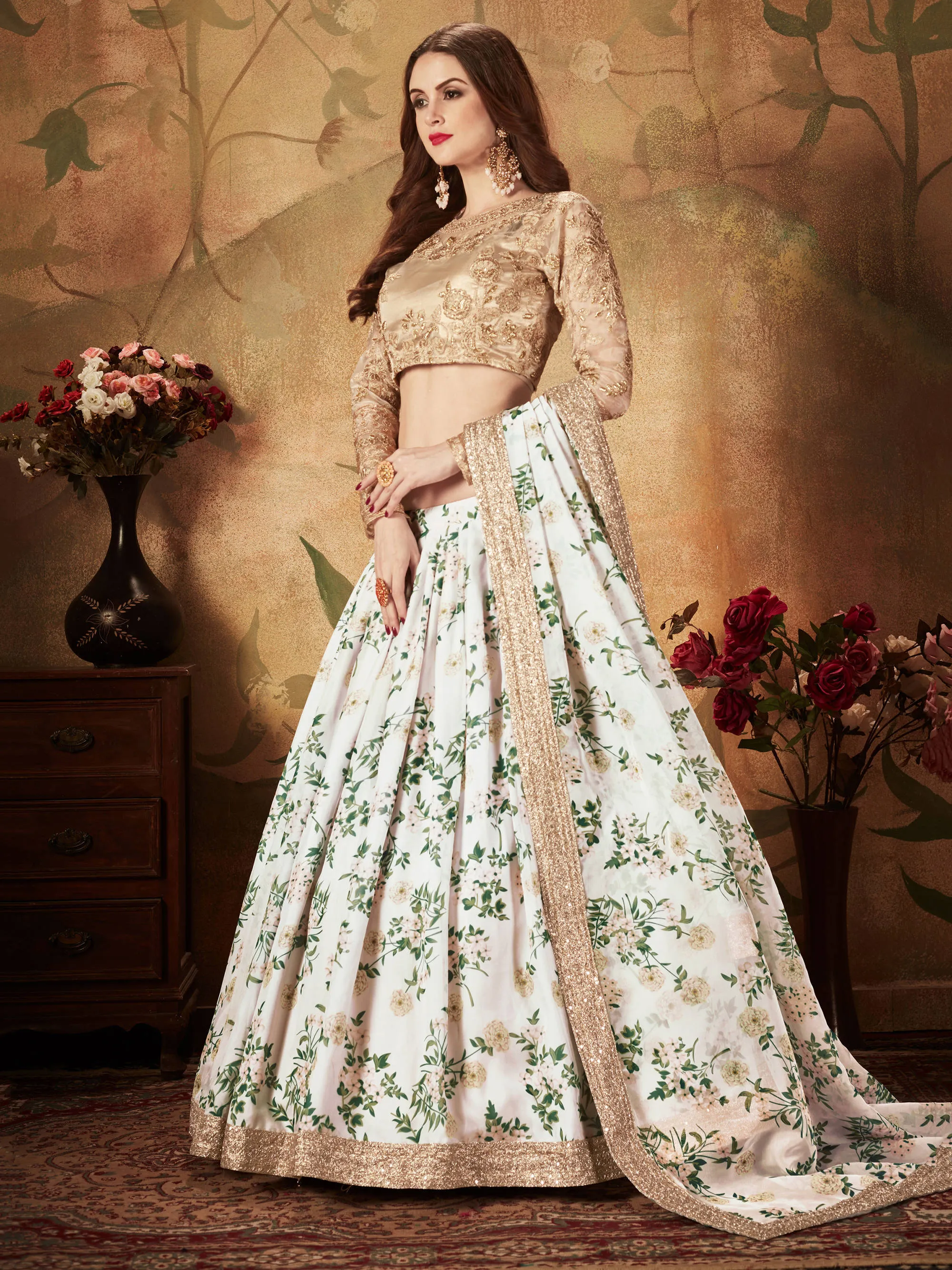 Breathtaking Off-White Sabyasachi Floral Printed Organza Silk Party Wear Lehenga Choli With Blouse