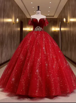 Burgundy Tulle Sequins Velvet Off the Shoulder Quinceanera Dress