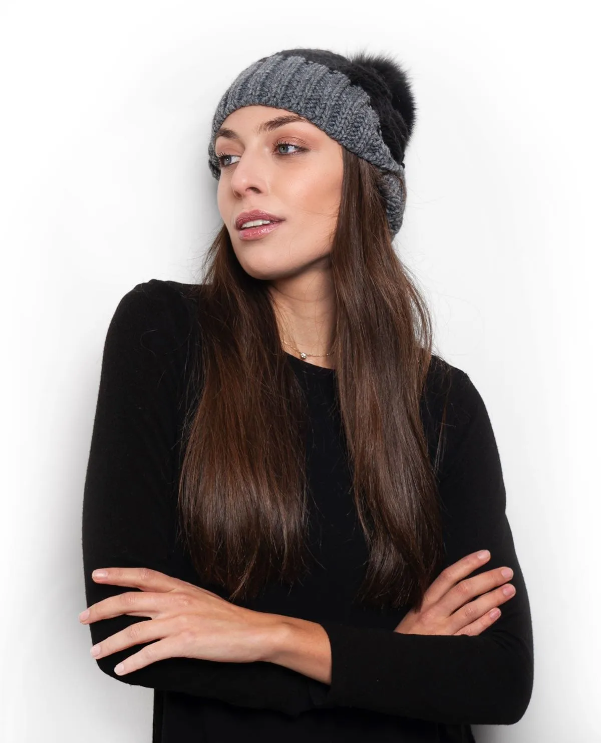 Cap with PomPon in Black and Gray Fox