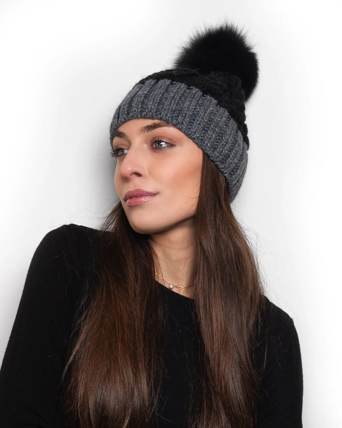 Cap with PomPon in Black and Gray Fox