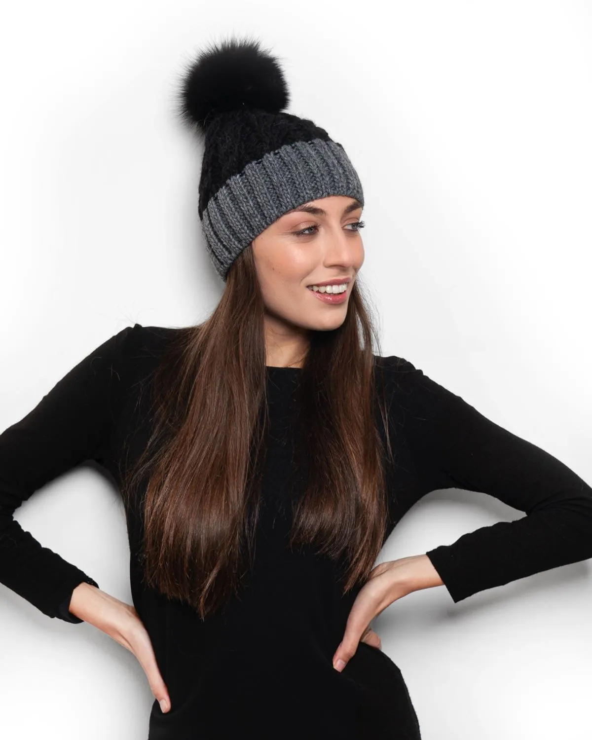 Cap with PomPon in Black and Gray Fox