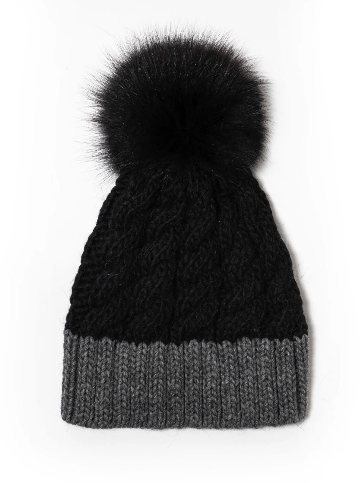 Cap with PomPon in Black and Gray Fox