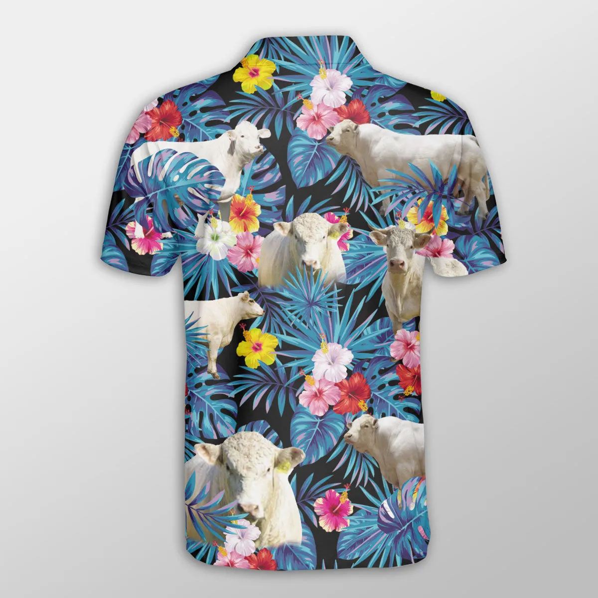 Charolais Tropical Flowers Leaves Pattern Button Polo Shirt, Cow Polo Shirt, Gift for Farmers