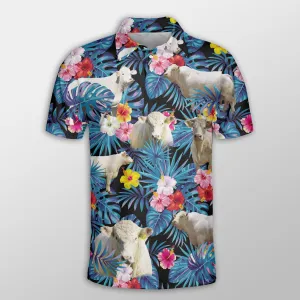 Charolais Tropical Flowers Leaves Pattern Button Polo Shirt, Cow Polo Shirt, Gift for Farmers