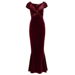 Claret Red Cap Sleeve Twist Bust Fishtail Hem Velour Maxi Dress