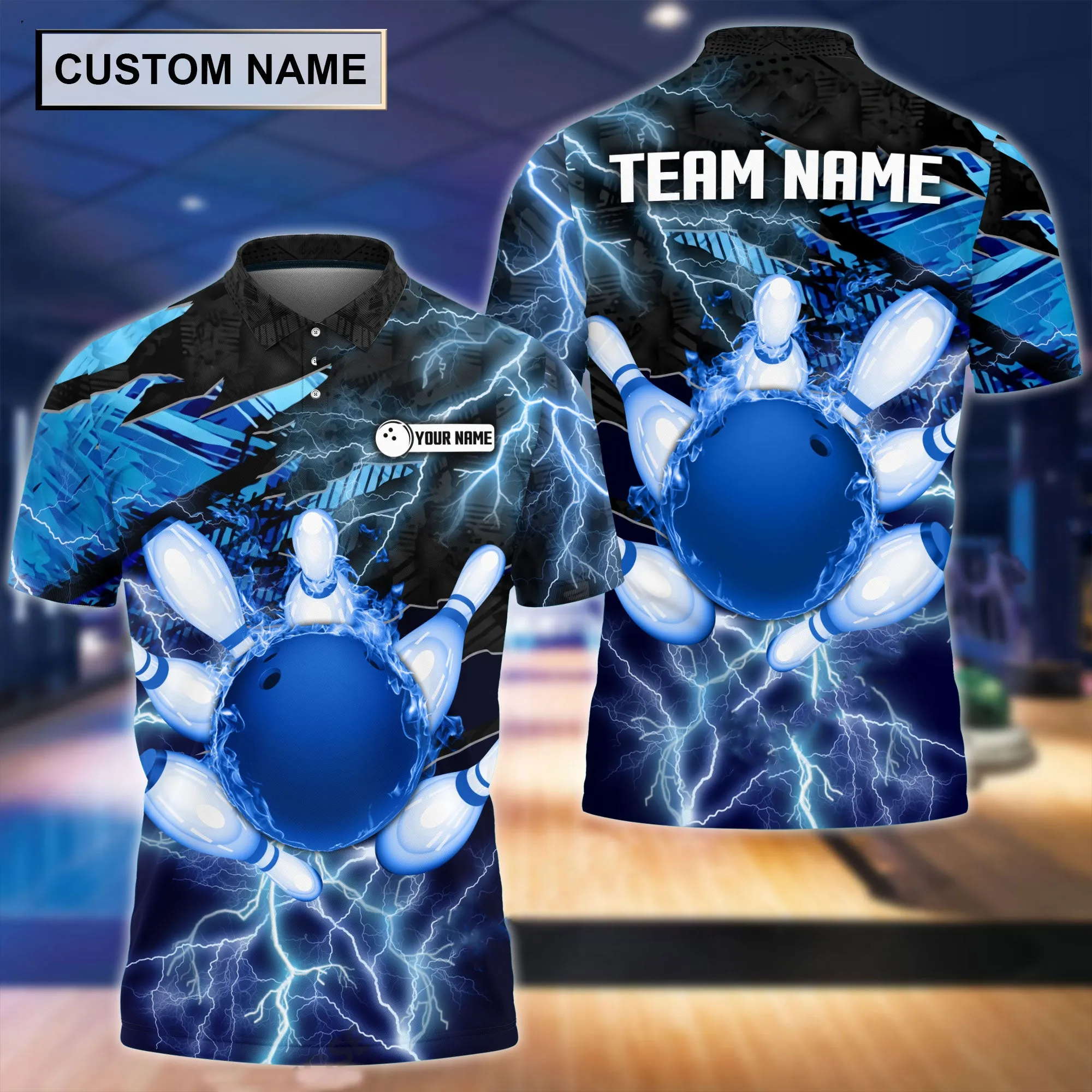 Coolspod Thunder Power Bowling And Pins Personalized Name Team Name 3D Polo Shirt, Gift for Dart Lovers