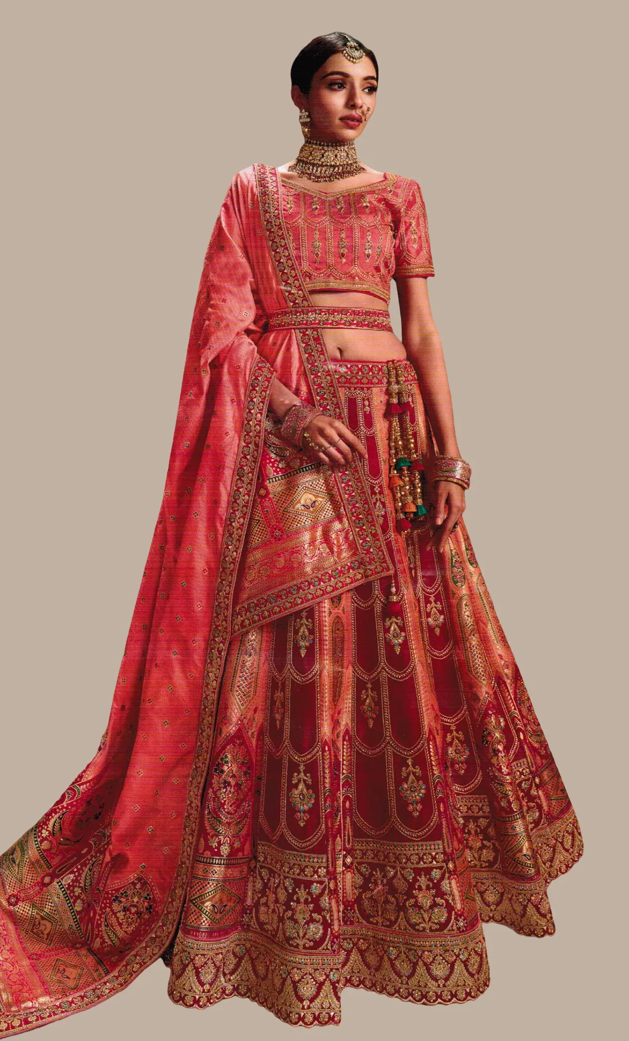 Coral Embroidered Lengha