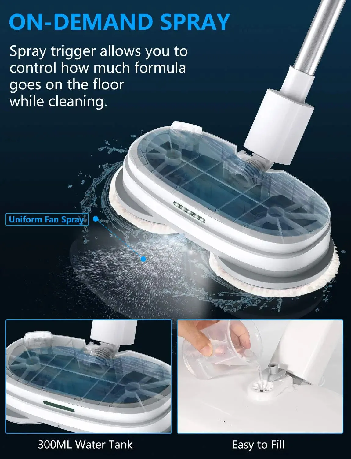 Cordless Electric Spin Mop Hardwood Floor Cleaner With Built-in 300ml Water Tank Polisher With Led Headlight And Sprayer