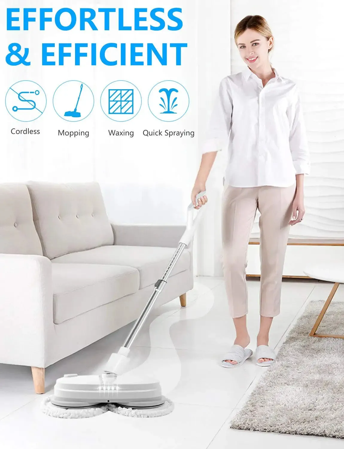 Cordless Electric Spin Mop Hardwood Floor Cleaner With Built-in 300ml Water Tank Polisher With Led Headlight And Sprayer