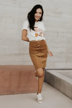 Corduroy Button Down Skirt in Camel