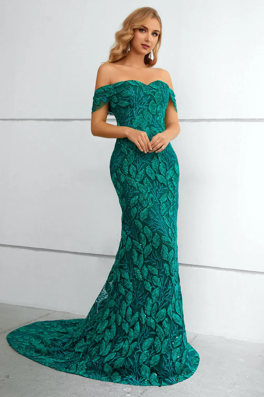 Dark Green Off The Shoulder Mermaid Prom Dress With Appliques