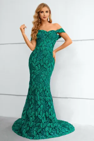 Dark Green Off The Shoulder Mermaid Prom Dress With Appliques