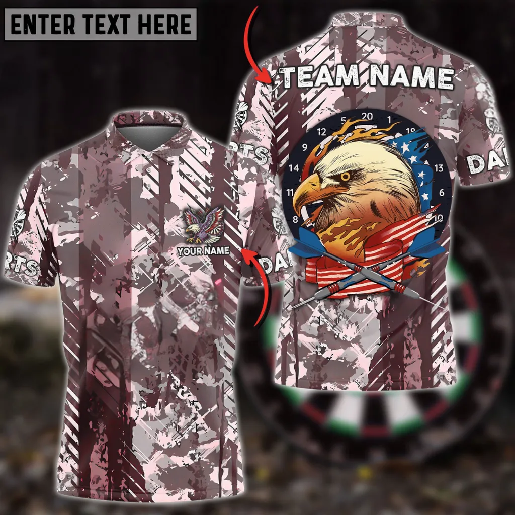 Darts American Patriot Eagle Camo Multicolor Option Customized Name, Team Name 3D Polo Shirt