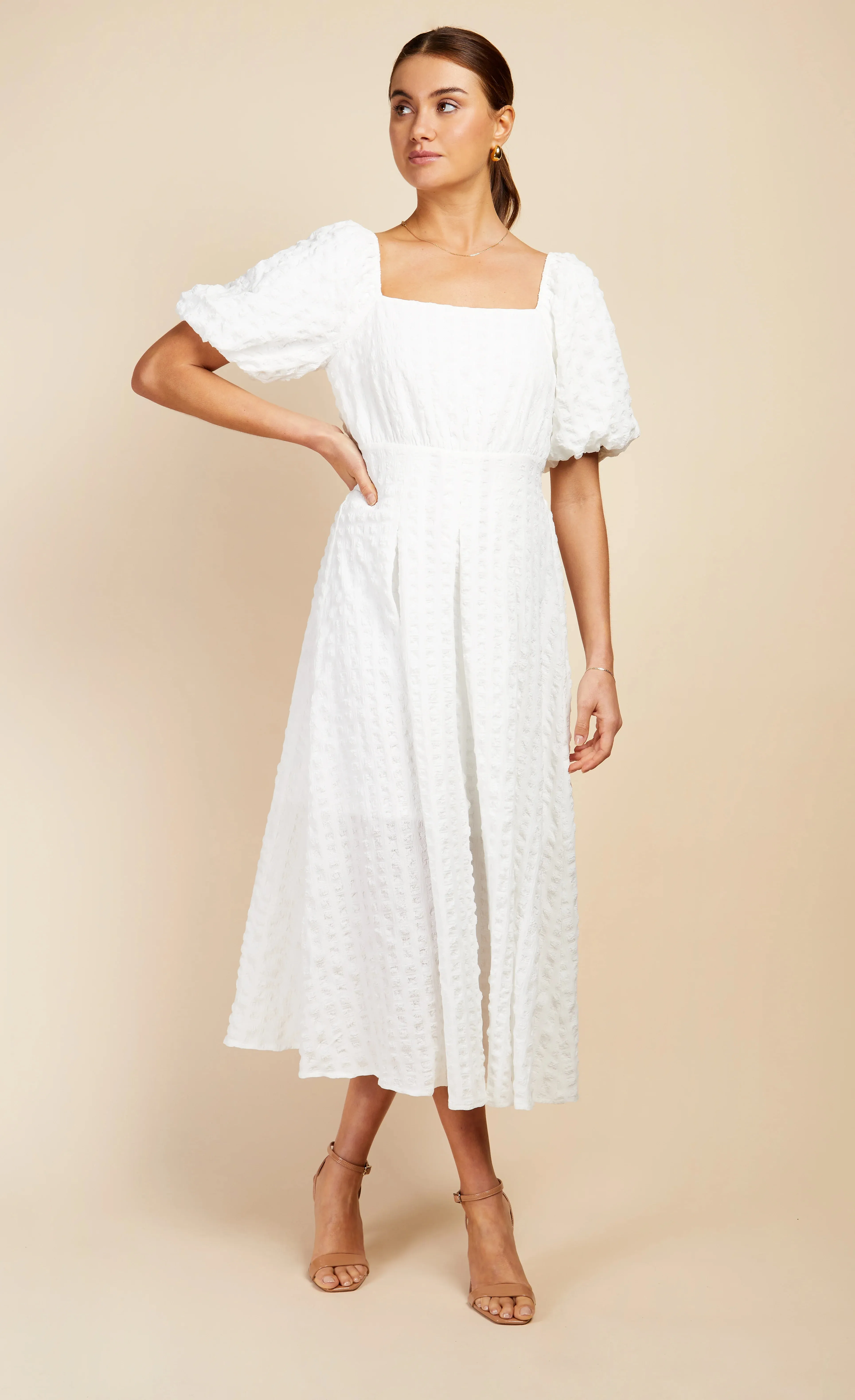 Diana Textured Puff Sleeve Midaxi (White)