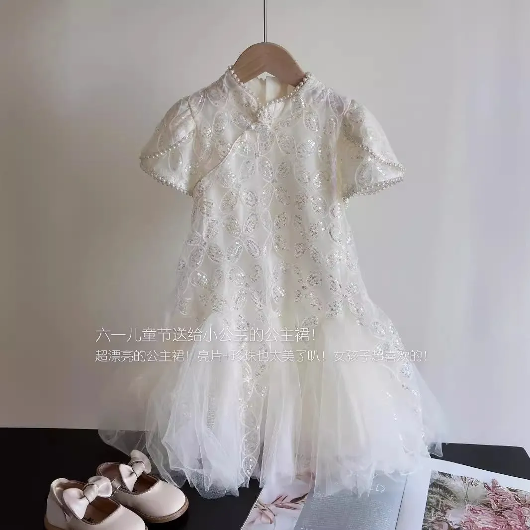 DUNNMALL  Girls Fishtail Cheongsam  Summer New Buckle Sequins Thin Yarn Sleeve Stitching Fashionable Princess Dress