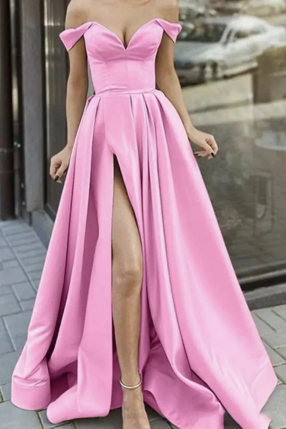 Elegant Off Shoulder Pink Satin Long Prom Dresses with High Slit, Off the Shoulder Pink Formal Dresses, Pink Evening Dresses